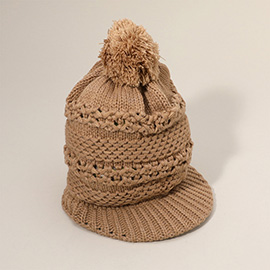 Pom Pom Slouchy Knit Visor Winter Hat