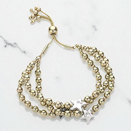 Stone Paved Star Pointed Beaded Triple Layered Pull Tie Cinch Bracelet