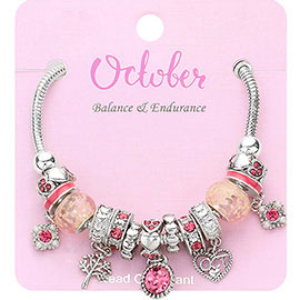 October - Birthstone Heart Charm Multi Beaded Bracelet
