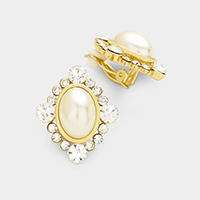Pave Rhinestone Oval Pearl Clip on Earrings