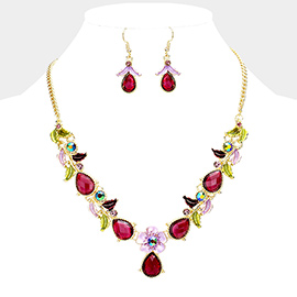 Colored Metal Flower Leaf Teardrop Stone Bib Necklace