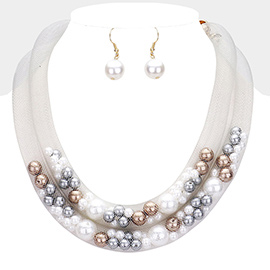 Double Mesh Tube Pearl Collar Necklace