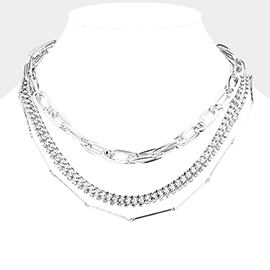 Layered Rhinestone Metal Chain Link Necklace