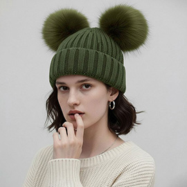 Double Pom Pom Knit Beanie Hat