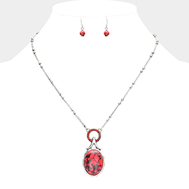 Stone Embellished Open Circle Oval Natural Stone Pendant Necklace