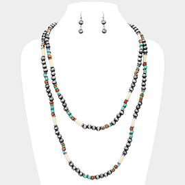 Burnished Metal Ball Wood Beaded Double Layered Necklace