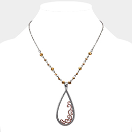 Rhinestone Embellished Open Metal Teardrop Pendant Necklace