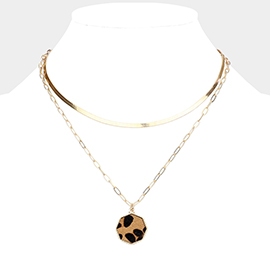 Leopard Patterned Genuine Leather Octagon Pendant Double Layered Necklace