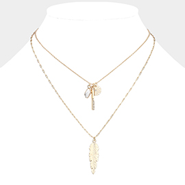 Natural Stone Rhinestone Metal Bar Feather Pendant Double Layered Necklace