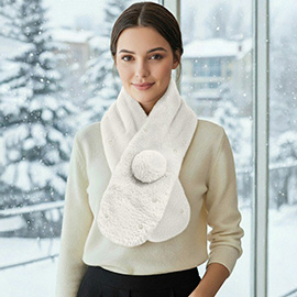 Pearl Embellished Faux Fur Pom Pom Pull Through Scarf