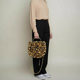 Leopard Patterned Faux Fur Tote / Crossbody Bag