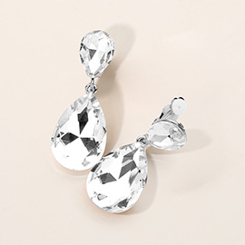 Glass Crystal Double Teardrop Clip On Evening Earrings