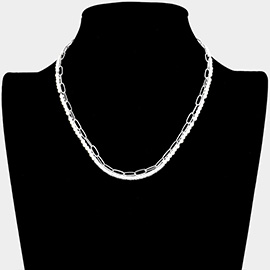 Curved Metal Tube Accented Pearl Open Oval Link Double Layered Necklace