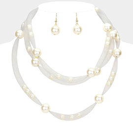 Pearl Accented Triple Layered Mesh Bib Necklace