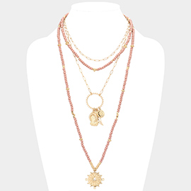 Double Horn Evil Eye Centered Pendant Wood Beaded Multi Layered Necklace