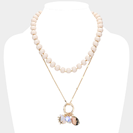 Natural Stone Shamballa Ball Ship Heel Pendant Double Layered Necklace