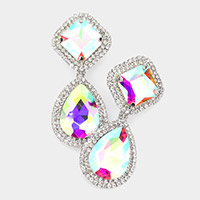 Square Teardrop Stone Accented Dangle Evening Clip on Earrings