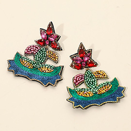 Felt Back Stone Seed Beaded Mardi Gras Dangle Earrings