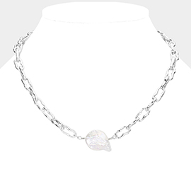 Pearl Accented Open Metal Link Necklace