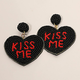 Kiss Me Message Felt Back Seed Beaded Heart Dangle Earrings