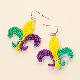 Felt Back Mardi Gras Seed Beaded Fleur de Lis Dangle Earrings