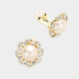 Floral Rhinestone Trimmed Pearl Clip on Earrings