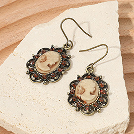 Cameo Accented Floral Metal Dangle Earrings