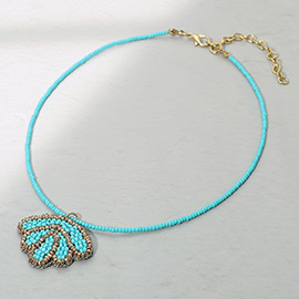 Felt Back Seed Beaded Shell Pendant Necklace