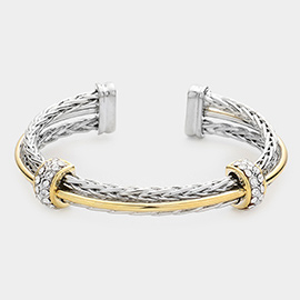 Two Tone Rhinestone Paved Bar Accent Twisted Band Link Cuff Bracelet