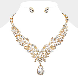 Pearl Accented Teardrop Stone Cluster Pendant Evening Necklace