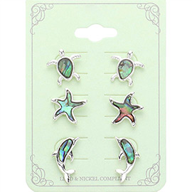 3PAIRS - Abalone Sea Turtle Starfish Dolphin Stud Earrings Set