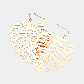 Brass Metal Tropical Leaf Filigree Teardrop Dangle Earrings