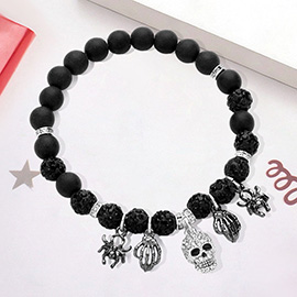 Stone Paved Skull Metal Spider Skeleton Charm Pointed Shamablla Ball Beaded Stretch Bracelet