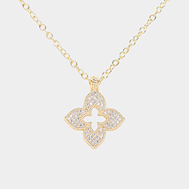 14K Gold Plated CZ Stone Paved Quatrefoil Pendant Necklace
