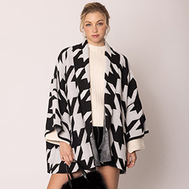 Open Front Houndstooth Knit Pattern Cardigan