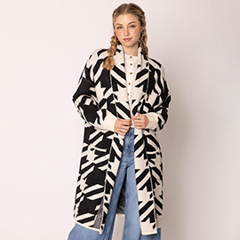 Open Front Houndstooth Pattern Long Cardigan