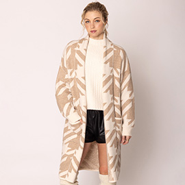 Open Front Houndstooth Pattern Long Cardigan