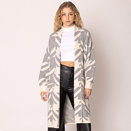 Open Front Houndstooth Pattern Long Cardigan