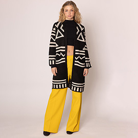Open Front Geometric Aztec Pattern Long Cardigan