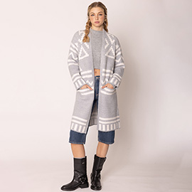 Open Front Geometric Aztec Pattern Long Cardigan