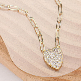 14K Gold Plated CZ Stone Paved Heart Pendant Paperclip Chain Necklace