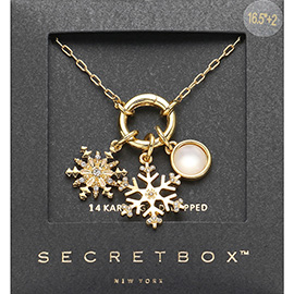 SECRET BOX_14K Gold Dipped Interchangeable Stone Paved Double Snowflake Pearl Pendant Necklace