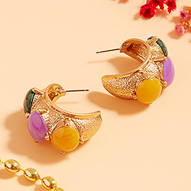 Mardi Gras Stone Accented Hammered Metal Hoop Earrings