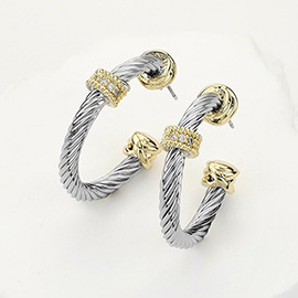 14K Gold Plated Two Tone CZ Stone Paved Pointed Twisted Hoop Earrings