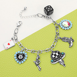 Ace Of Heart 8 Ball Billiard Heart Metal Gun Western Steer Head Boot Dice Charm Station Bracelet