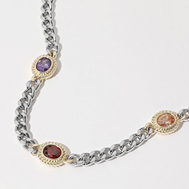14K Gold Plated Two Tone Colored Oval CZ Stone Cluster Link Accented Chain Necklace