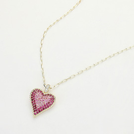 14K Gold Plated CZ Stone Paved Heart Paperclip Chain Pendant Necklace