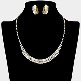 Rhinestone Paved Collar Necklace Clip on Earring Set
