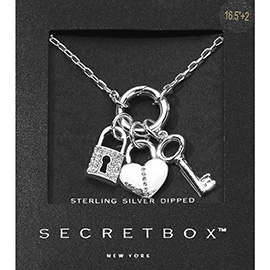 SECRET BOX_Sterling Silver Dipped Interchangeable Stone Paved Heart Lock Key Pendant Necklace