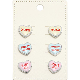 3Pairs - XOXO SWEET HEART KISS ME Message Heart Stud Earring Set